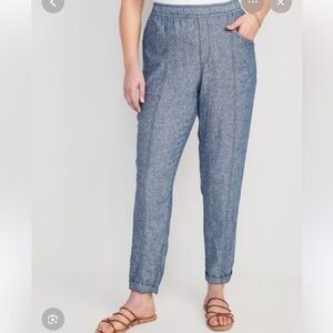 High-Waisted Linen-Blend Cropped Tapered Chambray XXL pants